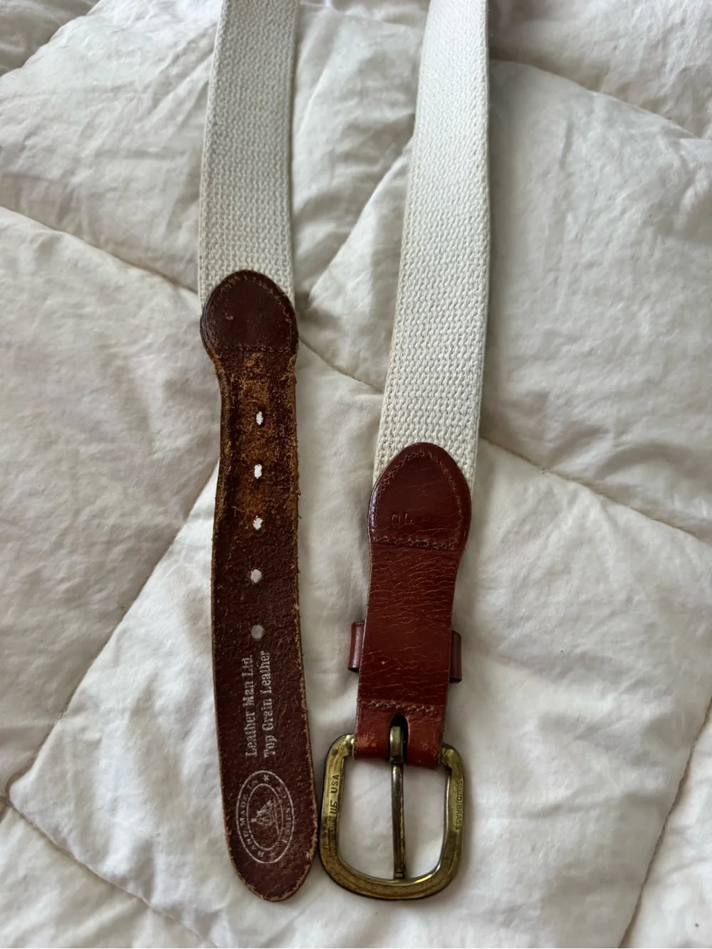 Vintage Navy Fish Embroidered Belt – Size 46 Leather Trim & Solid Brass Buckle